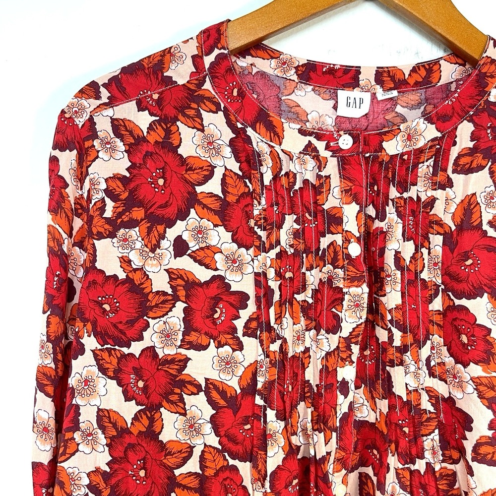 Gap Womens Floral 3/4 Sleeve Pintuck Blouse Top Size XXL Red Buttons Lightweight - Picture 4 of 12